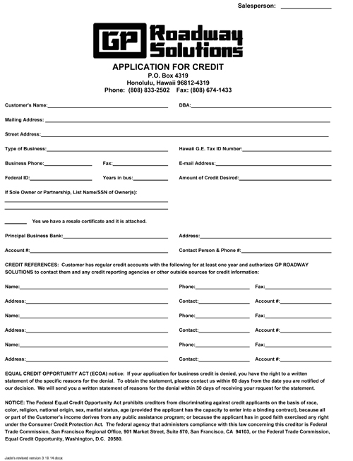 Application for Credit Form preview